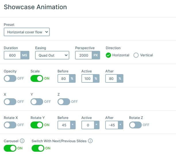 Showcase slider settings