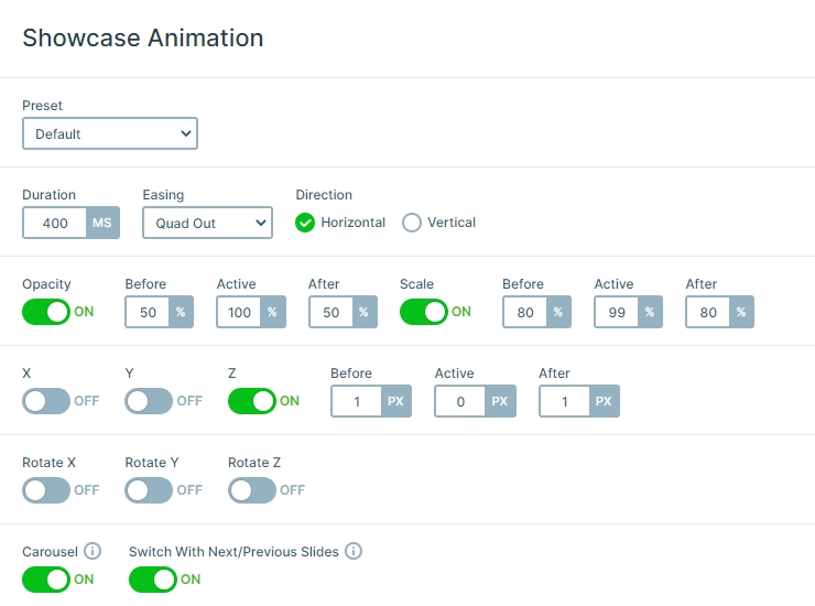 Showcase animation settings