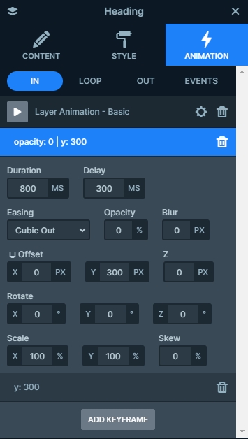 Layer animation settings of the heading