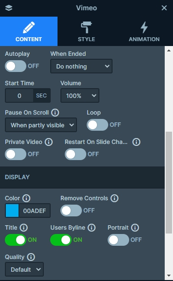Settings of the Vimeo layer