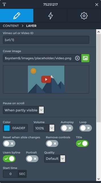 Vimeo layer settings in Smart Slider 3