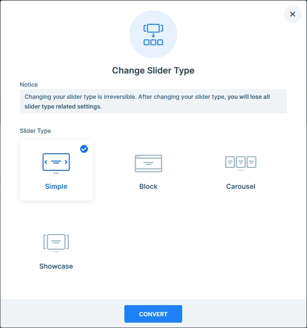 Available slider types in Smart Slider: Simple, Block, Carousel and Showcase