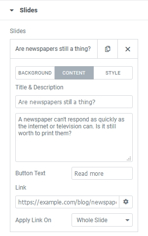 Slider content options in Elementor