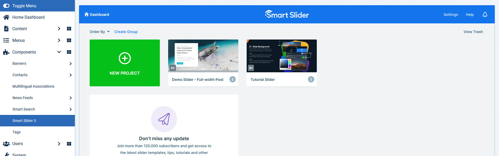 The Dashboard of Smart Slider 3 on Joomla 4