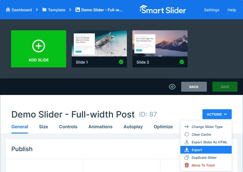 Smart Slider feature: Slider export