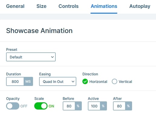 Showcase animation settings