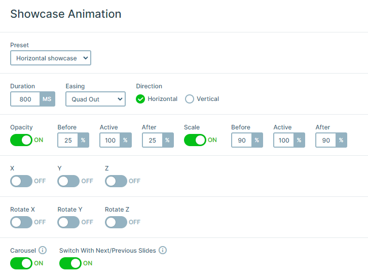 Showcase Animation settings in Smart Slider.